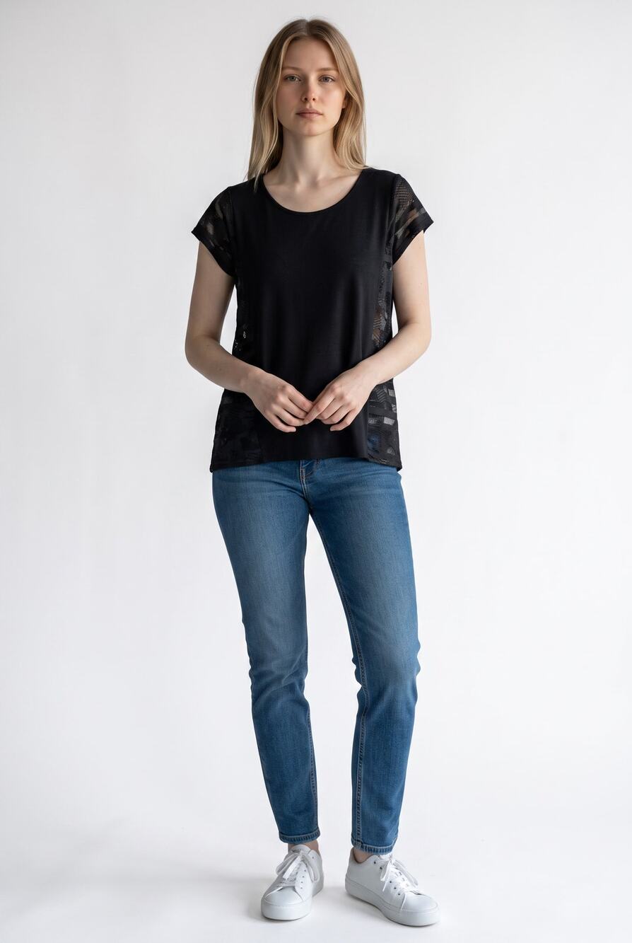 Love Marks Black Lace Side Panel Short Sleeve Blouse Top S Boho Chic Feminine